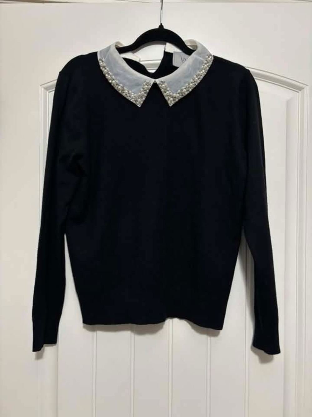 Embellished Peter Pan Collar Crewneck Sweater - Black